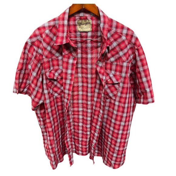 VINTAGE Wrangler Shirt Mens Red Plaid Western‎ Button Perl Snap - Picture 1 of 11